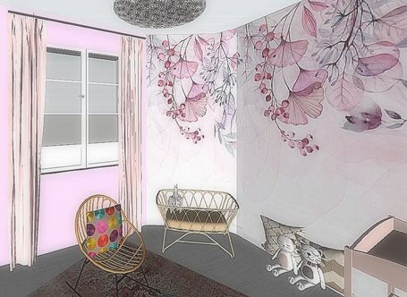 Chambre bébé rose avec rocking chair et couffin en osier et papier peint en cascade de fleurs roses