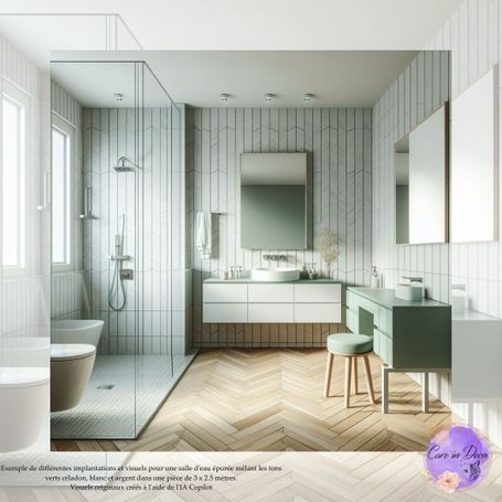 Douche italienne pavée mur et receveu, en grès multicolor avec paroi de douche type verrière